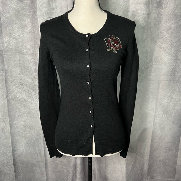 Vintage Sun Moon Star Black Lace Back Button Down Cardigan Sweater - SMALL - Picture 2 of 11